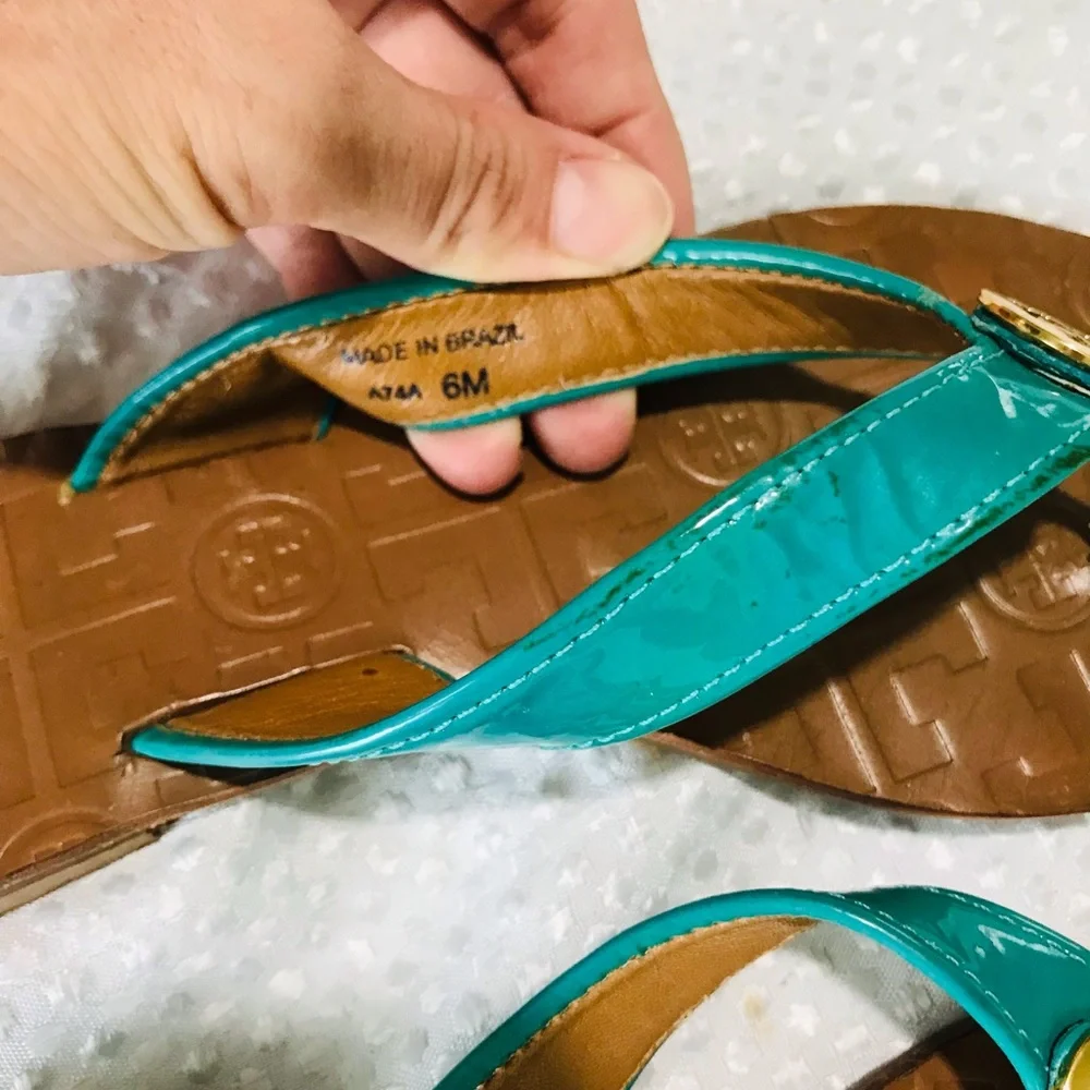 Tory Burch THORA Patent Flip Flops Sandals Shoes-turquoise Aqua Lizard